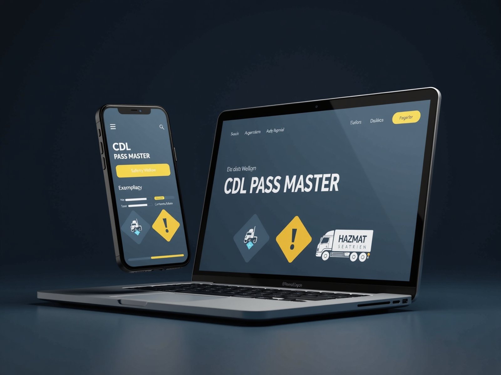 A laptop and a phone displaying the CDL Pass Master practice test app